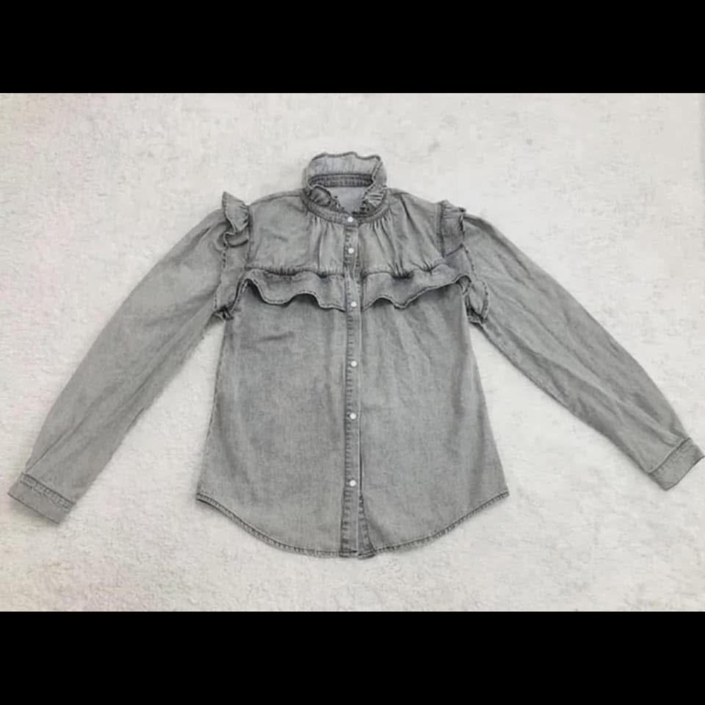 Gray Denim Ruffled Long Sleeve Shirt